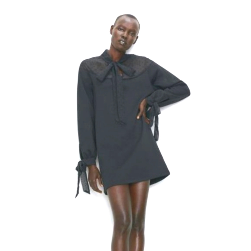 Zara Swiss Dot Tie Neck Sweater Dress M